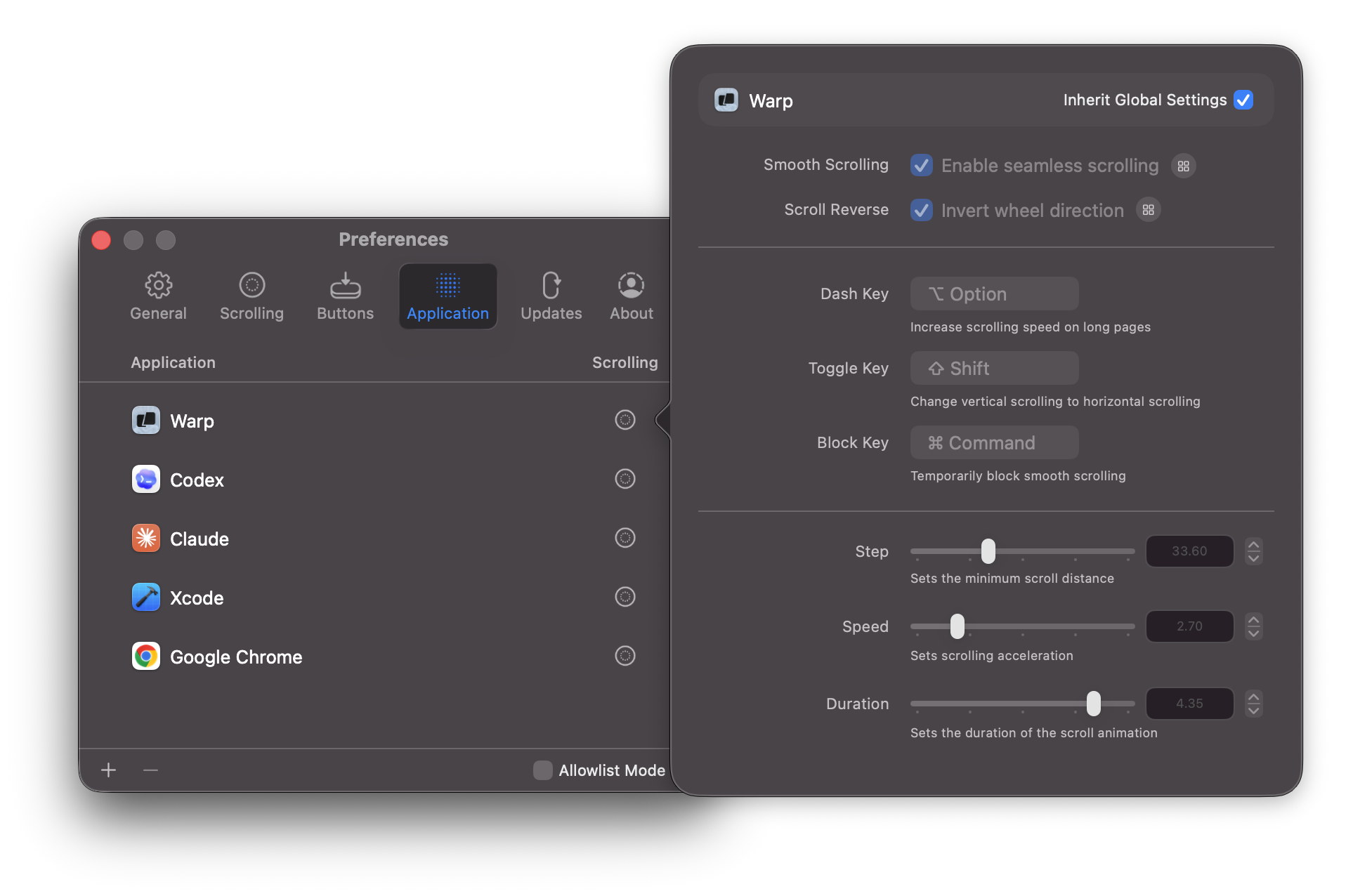 Mos per-application settings window with app-specific scroll and button options