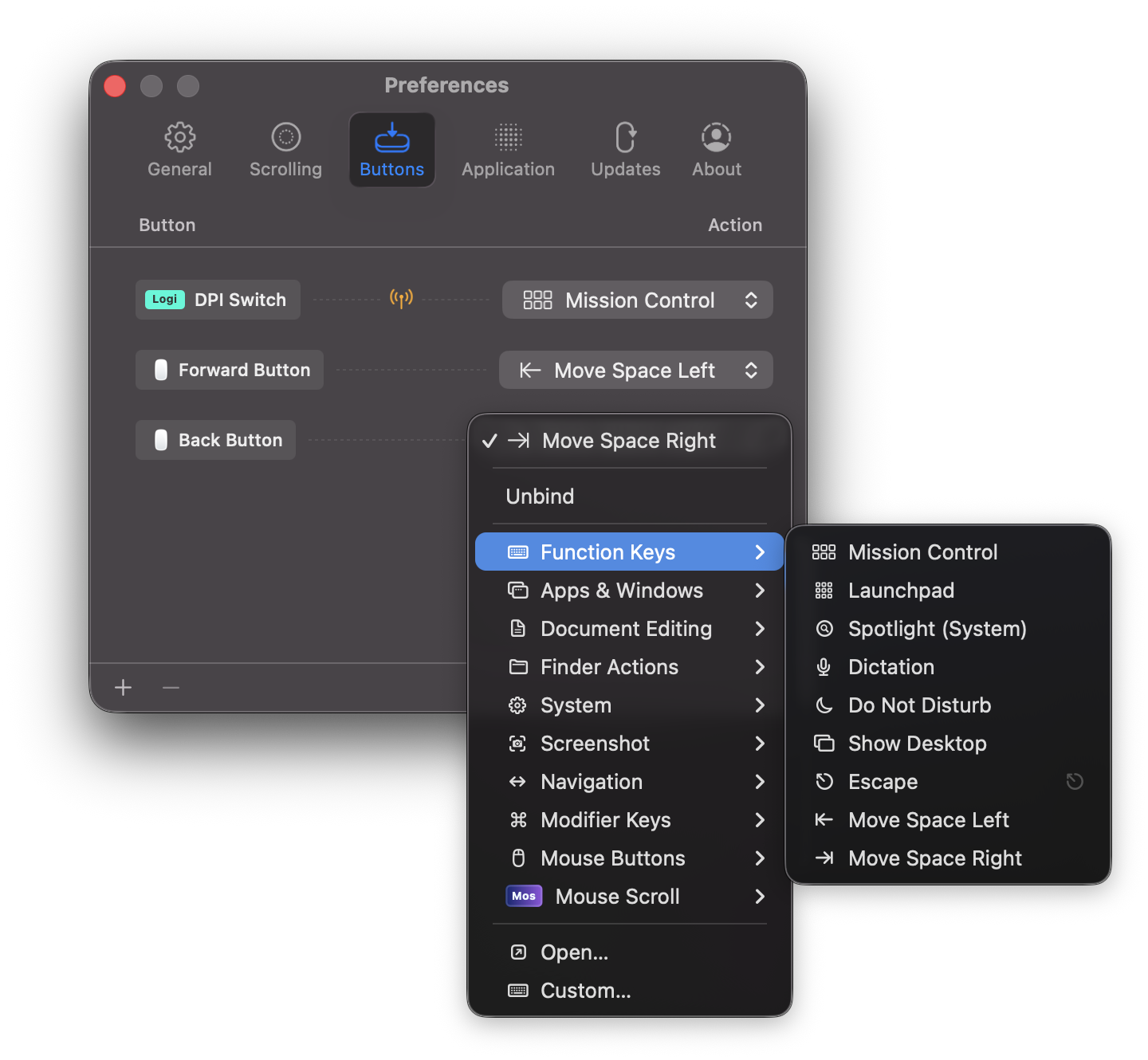 Mos action library window for binding mouse buttons to system and keyboard actions