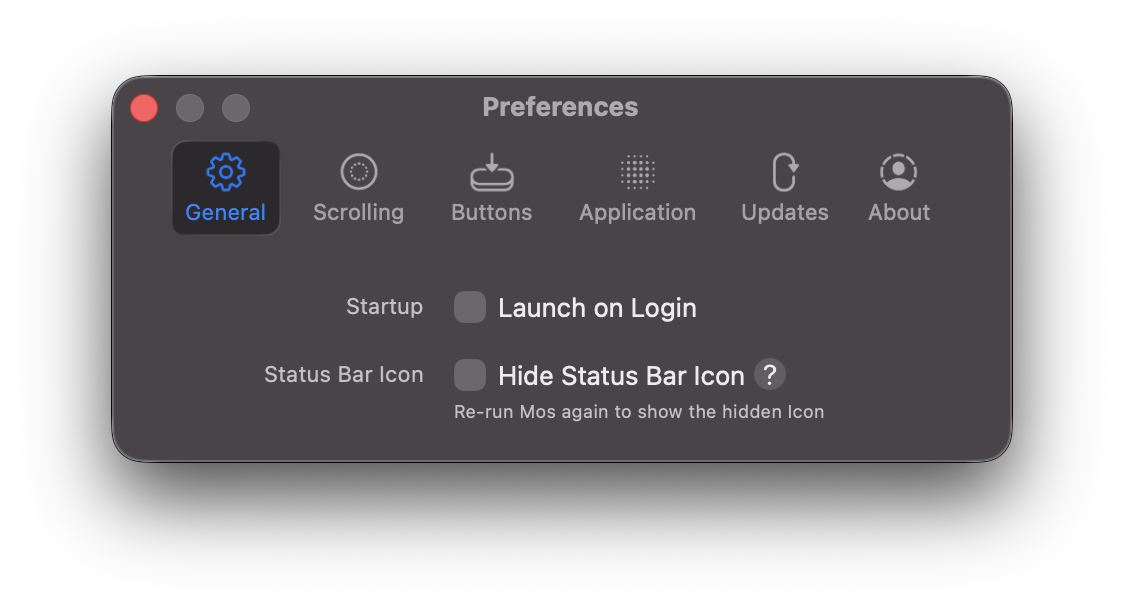Mos general settings window showing startup and scrolling behavior options