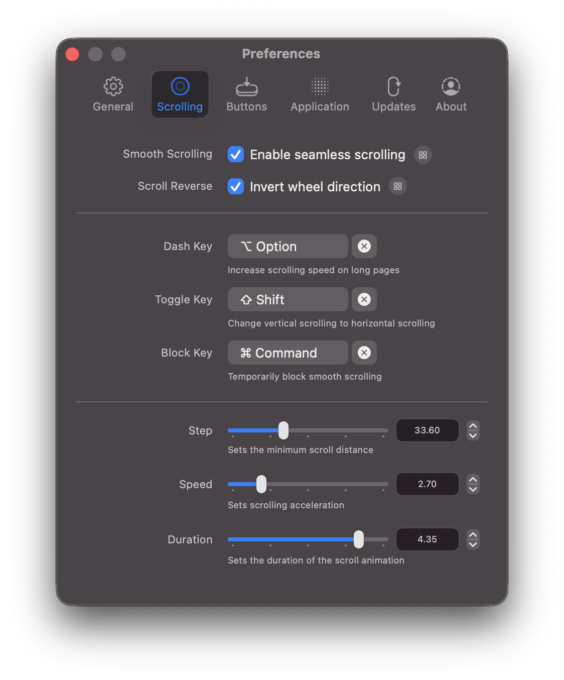 Mos scroll settings window with controls for step, speed, duration, acceleration, and smoothing